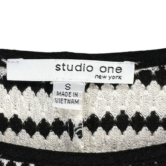 Studio One Knit Dress S Black White Diamond Striped Belted Stretch Work Career - Picture 10 of 14